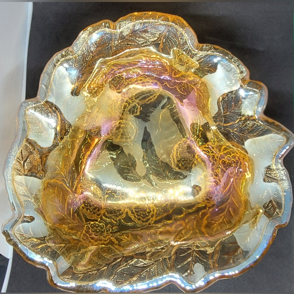 Vintage carnival glass dish, bowl, candy dish, amber & purple glass dish, grape